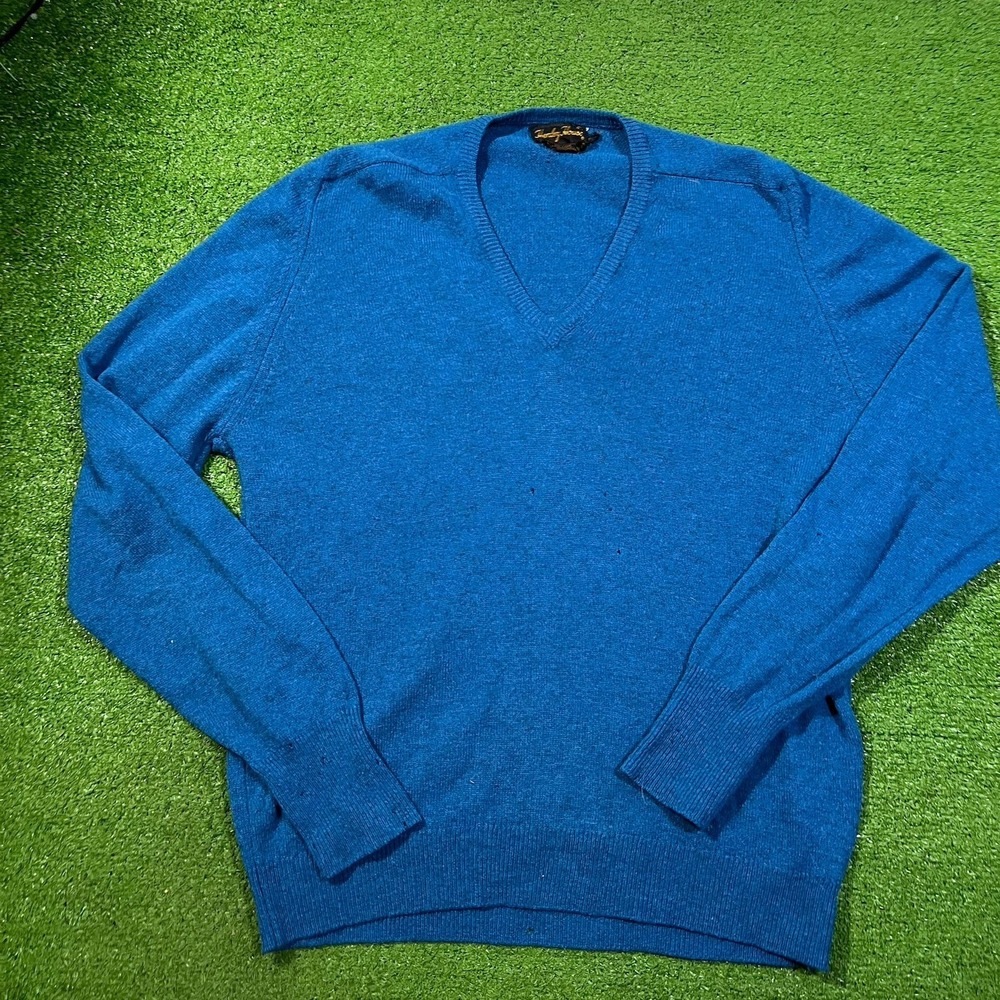 Vintage 50s Designer Sweater LG‎ Lambs Wool Sweater Teal Blue Henley House Flaw